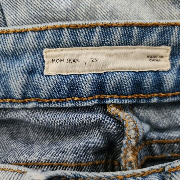 PacSun Womens Two Tone Distressed Mom Jeans Blue Cotton Button Fly Raw Hem 25/26 - Picture 7 of 11